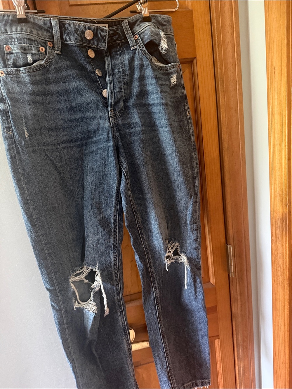 Boyfriend Ripped Dark Blue Jeans with Button Fly